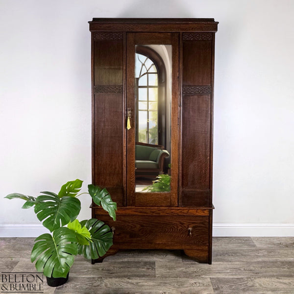 Oak Mirror Fronted Single Wardrobe Armoire-Wardrobe-Belton & Bumble