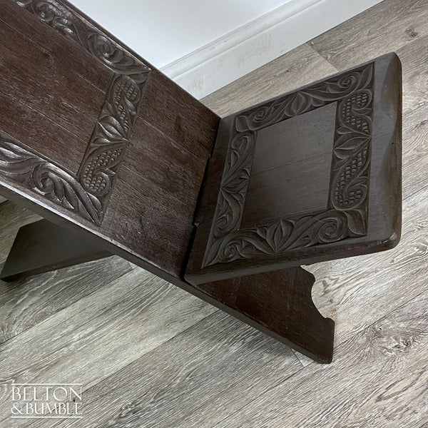 Carved African Palaver Chair – Restored vintage piece with wood accents and seat, wooden legs