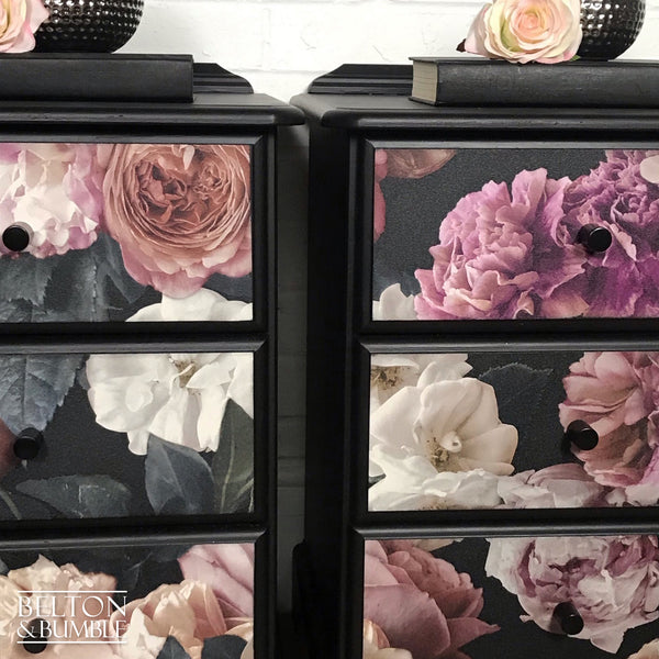 Black Floral Set of Bedside Drawers Set-Belton & Bumble