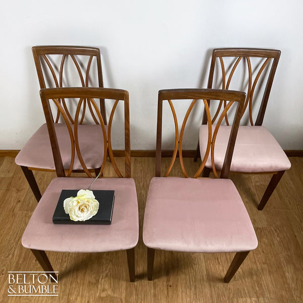 Four G Plan Curve Back Dining Chairs with Dusky Pink Velvet – Top surface detail showing smooth, satin finish and velvet seat pads
