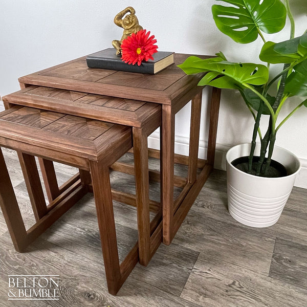 G Plan Parquetry Nest of Three Tables – angled view showing proportions and stance