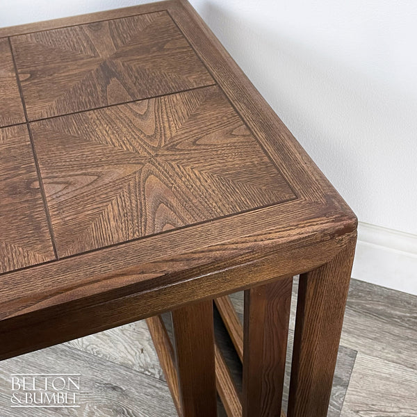 G Plan Parquetry Nest of Three Tables – corner view showing repair