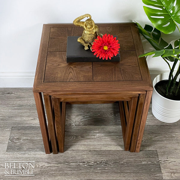 G Plan Parquetry Nest of Three Tables – Restored vintage piece with wood accents and polished top