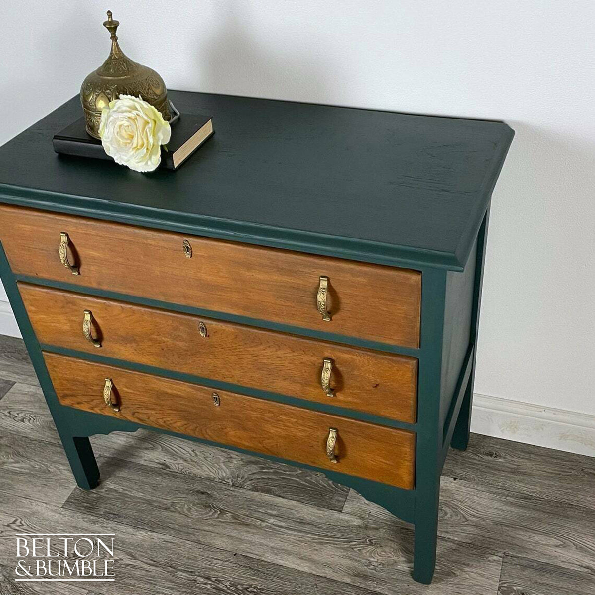 Three Drawer Chest of Drawers in Green and Oak  Belton & Bumble