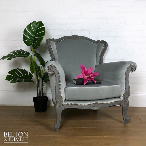 Louis Style Armchair Throne Reupholstered in Silver Grey Velvet-Belton & Bumble