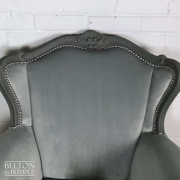 Louis Style Armchair Throne Reupholstered in Silver Grey Velvet-Belton & Bumble