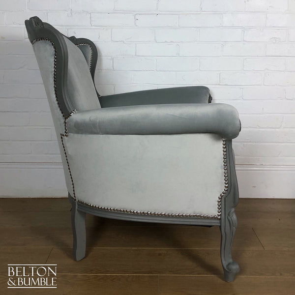 Louis Style Armchair Throne Reupholstered in Silver Grey Velvet-Belton & Bumble