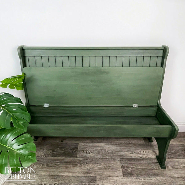 Vintage Pine Lift Lid Storage Bench Pew in Dark Olive Green-Belton & Bumble