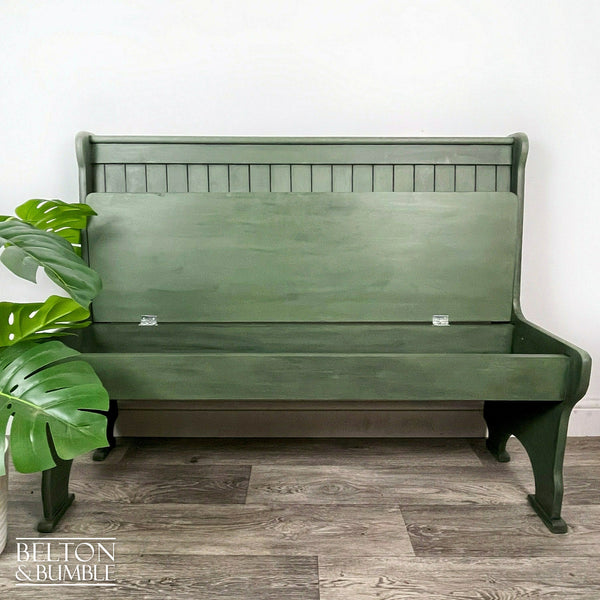 Vintage Pine Lift Lid Storage Bench Pew in Dark Olive Green-Belton & Bumble