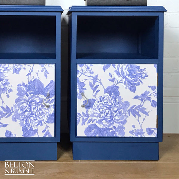 Matching Blue Bedside Cabinet Set with Floral Print Decoupage-Belton & Bumble