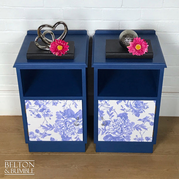 Matching Blue Bedside Cabinet Set with Floral Print Decoupage-Belton & Bumble
