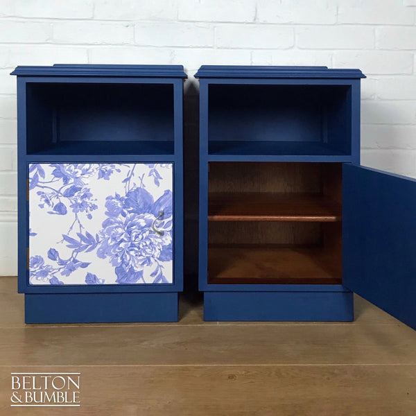 Matching Blue Bedside Cabinet Set with Floral Print Decoupage-Belton & Bumble