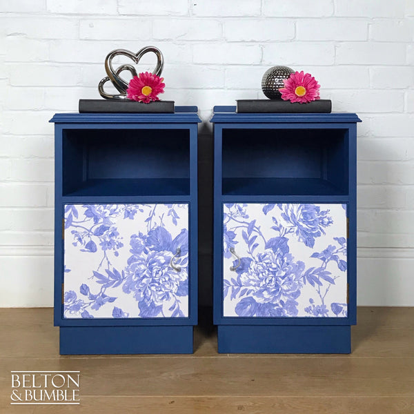 Matching Blue Bedside Cabinet Set with Floral Print Decoupage-Belton & Bumble