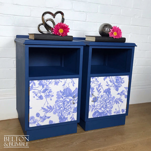 Matching Blue Bedside Cabinet Set with Floral Print Decoupage-Belton & Bumble