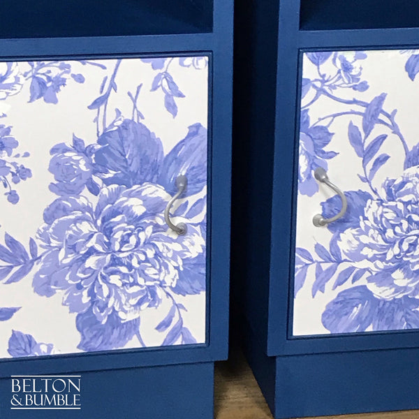 Matching Blue Bedside Cabinet Set with Floral Print Decoupage-Belton & Bumble