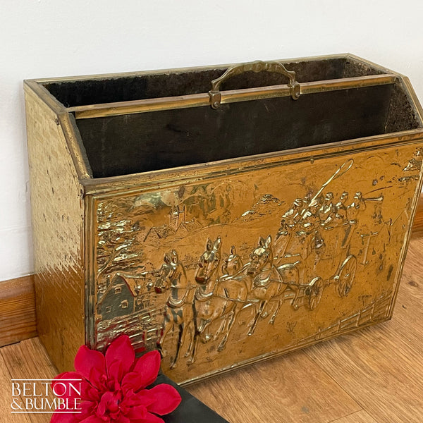 Mid Century Brass on Wood Magazine Holder – angled view showing proportions and stance