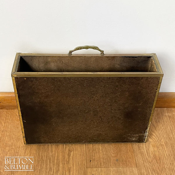 Mid Century Brass on Wood Magazine Holder – back view showing overall layout