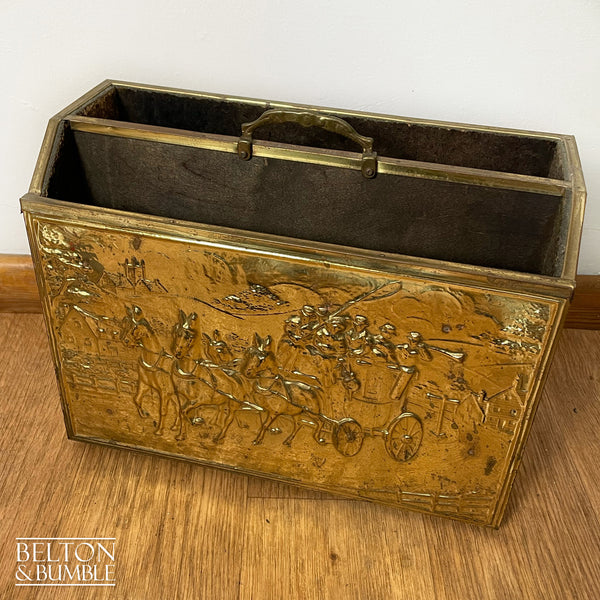 Mid Century Brass on Wood Magazine Holder – Restored vintage piece with brass accents and original fittings and handles