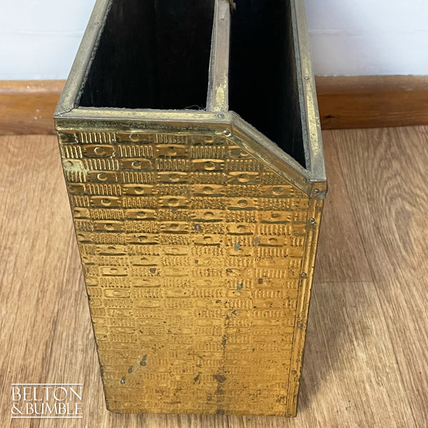 Mid Century Brass on Wood Magazine Holder – Close-up of brass finish and texture