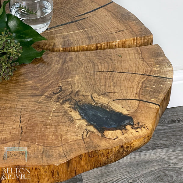Oak Slice Blue Resin Coffee Table – Restored vintage piece with oak, resin and blue accents and polished top, metal legs