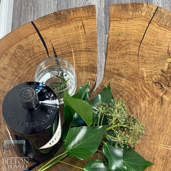 Oak Slice Blue Resin Coffee Table – Restored vintage piece with oak, resin and blue accents and polished top