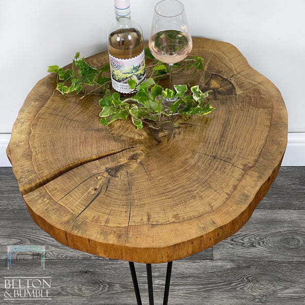 Oak Slice Gold Resin Coffee Table – Restored vintage piece with oak, resin and gold accents and polished top, metal legs