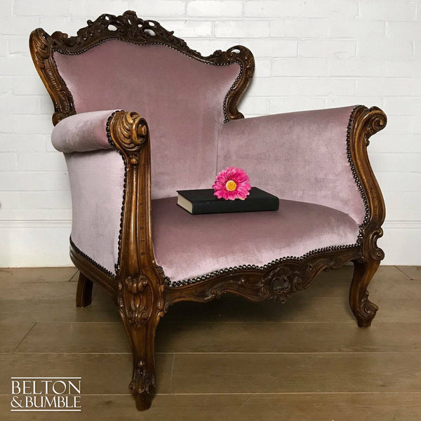 Louis Style Throne Armchair in Pale Pink Velvet-Belton & Bumble