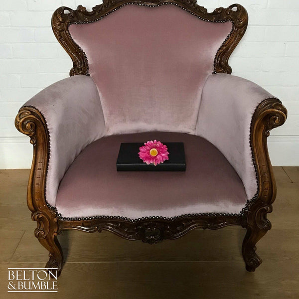 Louis Style Throne Armchair in Pale Pink Velvet-Belton & Bumble