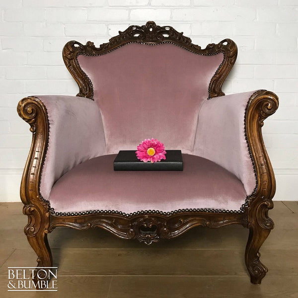 Louis Style Throne Armchair in Pale Pink Velvet-Belton & Bumble