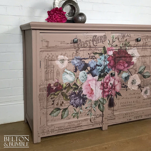 Rustic Pink Floral Sideboard Cupboard with Drawers-Belton & Bumble
