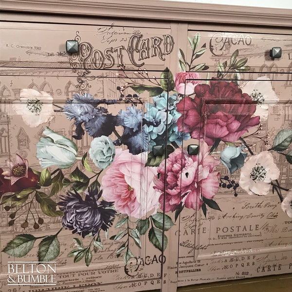 Rustic Pink Floral Sideboard Cupboard with Drawers-Belton & Bumble