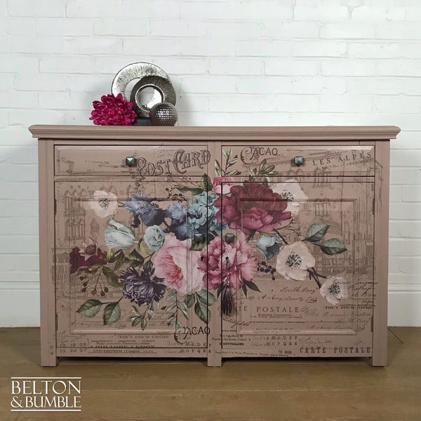 Rustic Pink Floral Sideboard Cupboard with Drawers-Belton & Bumble