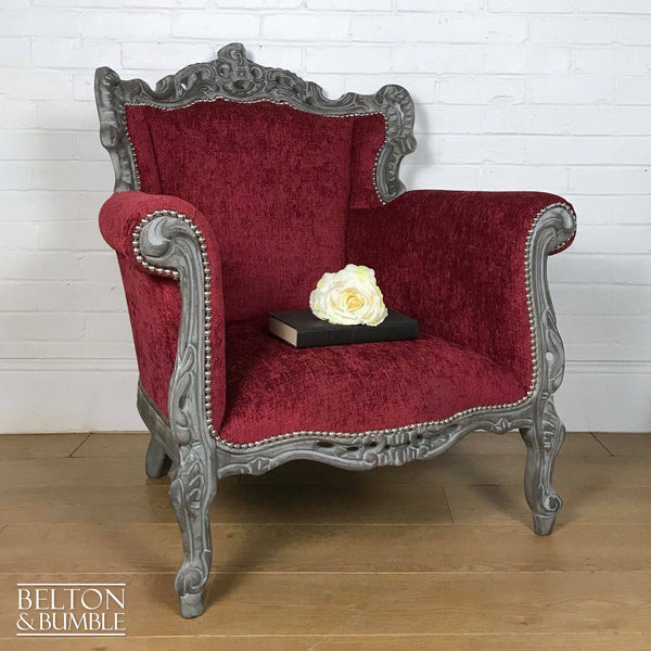 Louis Style Throne Armchair in Grey & Red Chenille-Belton & Bumble