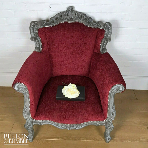 Louis Style Throne Armchair in Grey & Red Chenille-Belton & Bumble