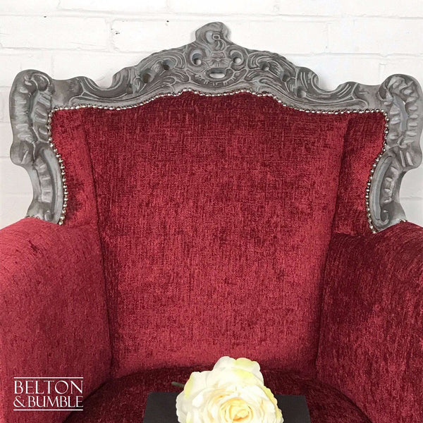 Louis Style Throne Armchair in Grey & Red Chenille-Belton & Bumble