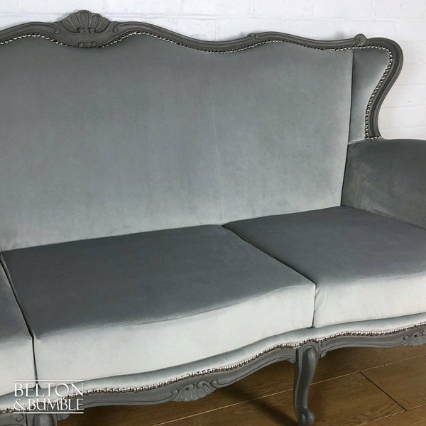 Louis Style Three Seater Sofa Reupholstered in Silver Grey Velvet-Belton & Bumble
