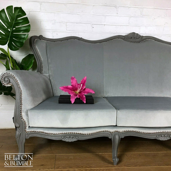 Louis Style Three Seater Sofa Reupholstered in Silver Grey Velvet-Belton & Bumble