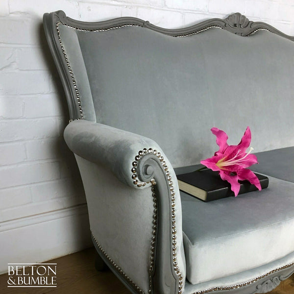 Louis Style Three Seater Sofa Reupholstered in Silver Grey Velvet-Belton & Bumble