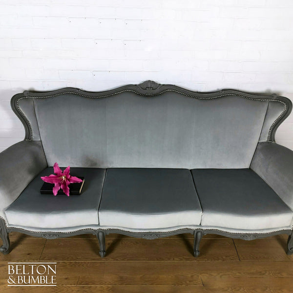 Louis Style Three Seater Sofa Reupholstered in Silver Grey Velvet-Belton & Bumble