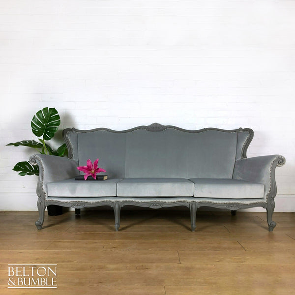 Louis Style Three Seater Sofa Reupholstered in Silver Grey Velvet-Belton & Bumble
