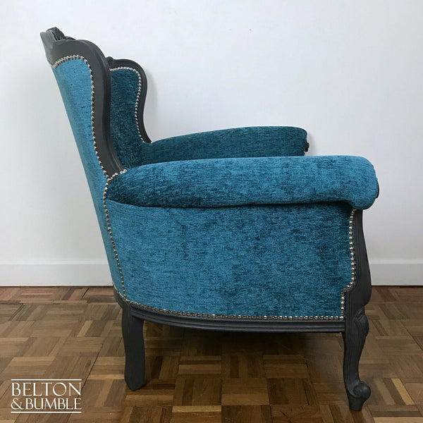 Louis Style Grey Throne Armchair Reupholstered in Teal Chenille Fabric-Belton & Bumble