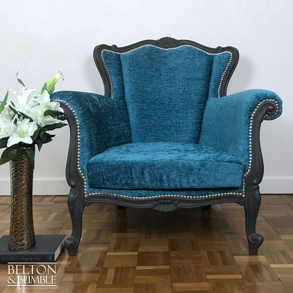 Louis Style Grey Throne Armchair Reupholstered in Teal Chenille Fabric-Belton & Bumble
