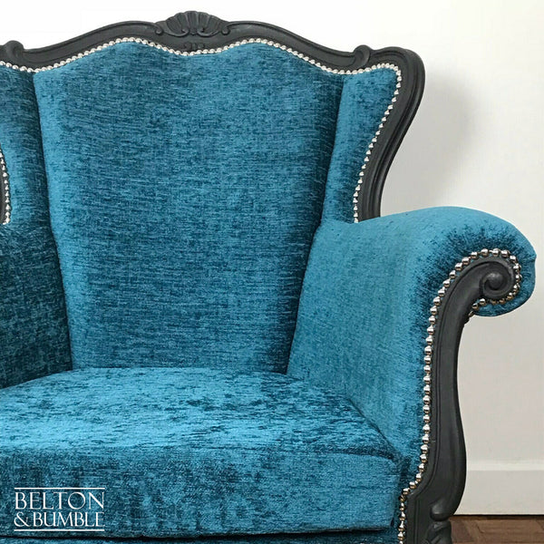 Louis Style Grey Throne Armchair Reupholstered in Teal Chenille Fabric-Belton & Bumble