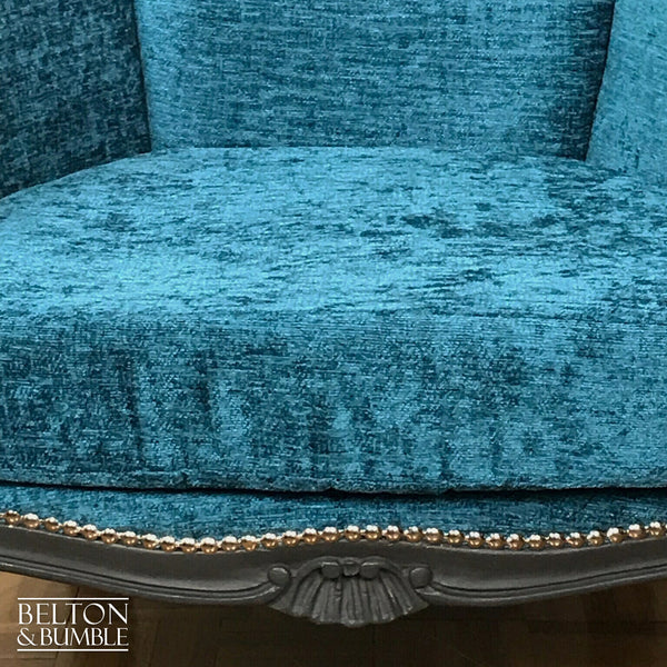 Louis Style Grey Throne Armchair Reupholstered in Teal Chenille Fabric-Belton & Bumble