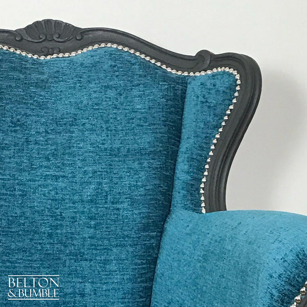 Louis Style Grey Throne Armchair Reupholstered in Teal Chenille Fabric-Belton & Bumble