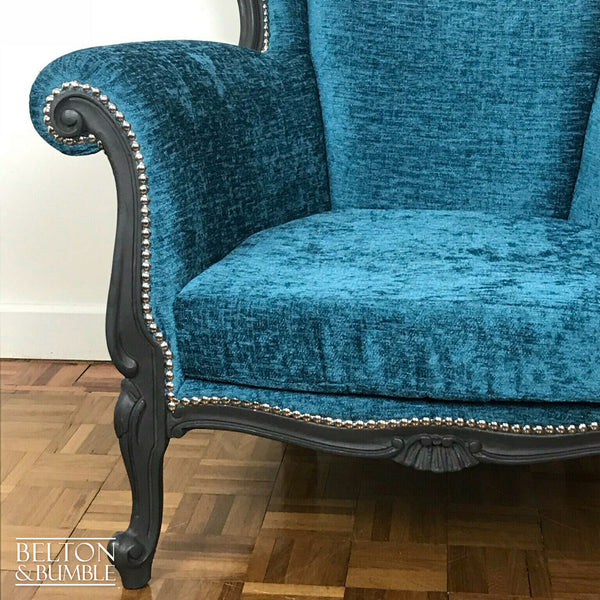 Louis Style Grey Throne Armchair Reupholstered in Teal Chenille Fabric-Belton & Bumble