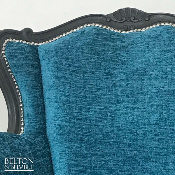 Louis Style Grey Throne Armchair Reupholstered in Teal Chenille Fabric-Belton & Bumble