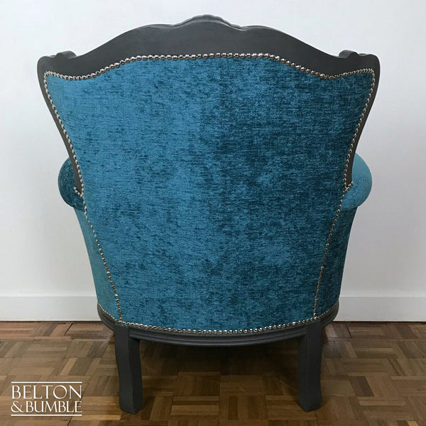 Louis Style Grey Throne Armchair Reupholstered in Teal Chenille Fabric-Belton & Bumble