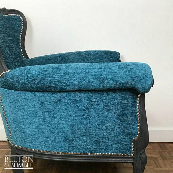 Louis Style Grey Throne Armchair Reupholstered in Teal Chenille Fabric-Belton & Bumble