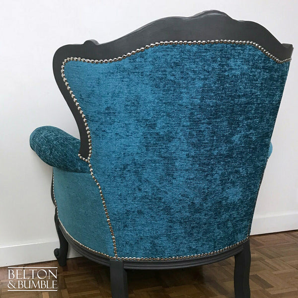 Louis Style Grey Throne Armchair Reupholstered in Teal Chenille Fabric-Belton & Bumble